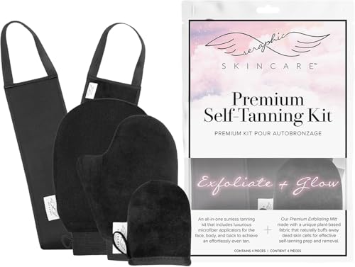 Kit autobronzant 4 pièces Seraphic Skincare - Comprend un gant exfoliant haut de gamme, un gant de bronzage pour le visage, un gant applicateur pour le corps & un applicateur pour le dos