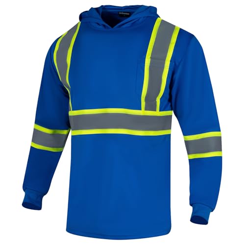 Drizomo High Visibility Safety Shirts for Men with Hood Reflective Long Sleeve Shirt ASIN Class 3 Hi Vis Construction Work T Shirt Quick Dry(Blue,3XL)