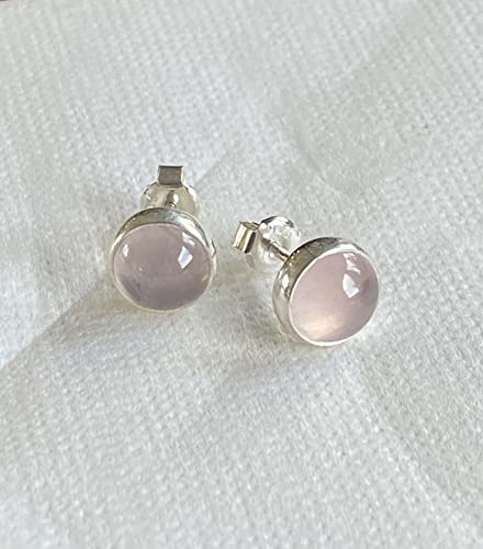 Echmeck Handmade Sterling Silver 925 Round Stone Stud Earrings For Women (Pink Rose Quartz - 9Mm) #TOP2
