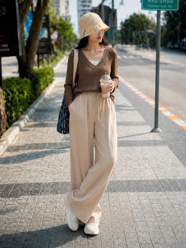 Image of CHICSTIT Women Cotton Wide Leg Trousers | Elastic Waist High Rise Palazzo Pants | Loose Fit /Straight Fit Casual Lounge Pants with Pockets