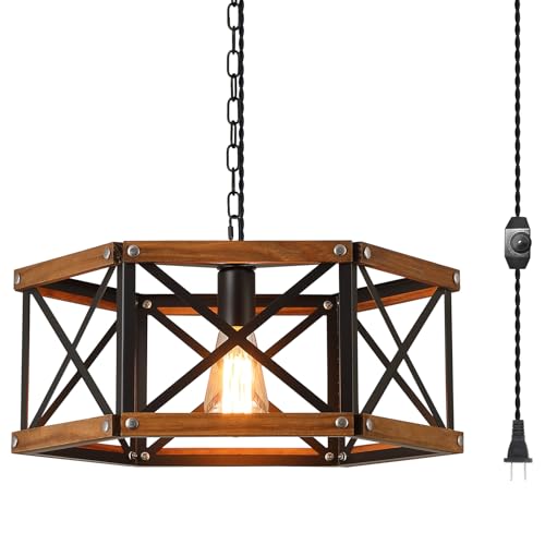 Rustic Farmhouse Large Plug in Pendant Light Fixture with Adjustable Chain, Dimmable Switch, 17.8 inch Industrial Oak Wood and Metal Cage Hanging Lamp for Dining Room Kitchen Farmhouse Entry, Black