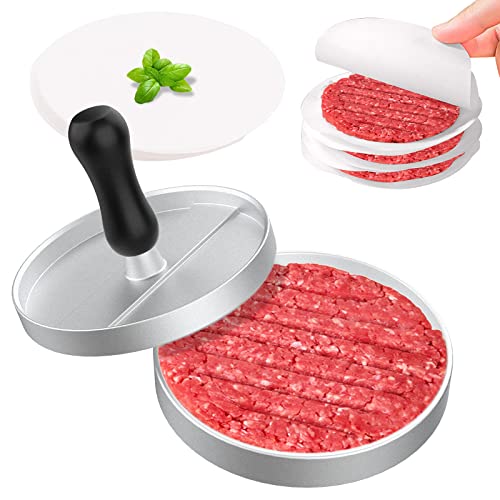 GeeRic Presse à Hamburger Antiadhésive en Aluminium avec 100 Feuilles de Papier à Steak Haché (Manche en Bois)