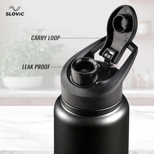 Image of SLOVIC Steel Water Bottle 1 Ltr | Fridge Water Bottle with Sipper Cap | 100% BPA Free & leak-Proof | Sipper Bottles for Adults | Ideal for School, Gym, Office, Travel | Black