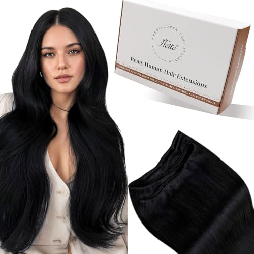 Hetto Weft Hair Extensions Real Human Hair Black Sew in Extensions Human Hair Invisible Double Weft Hair Extensions Natural Black #1 70g 12 Inch