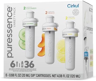 Cirkul Puressence Unsweetened Flavor Water Variety Pack, Makes 36 Drinks, No Sugar, Zero Calorie Drink Mix, (2 Cucumber, 2 Peach, 2 Lemon)