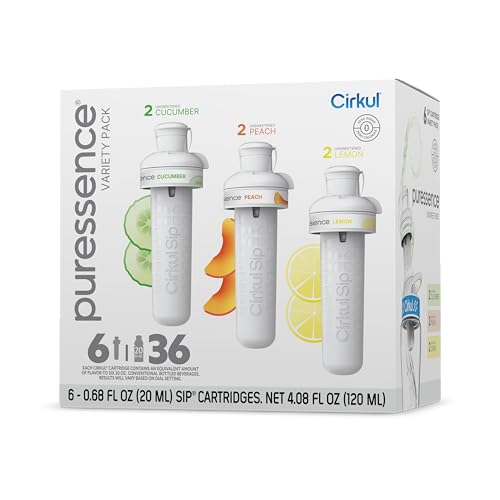 Cirkul Puressence Unsweetened Flavor Water Variety Pack, Makes 36 Drinks, No Sugar, Zero Calorie Drink Mix, (2 Cucumber, 2 Peach, 2 Lemon)