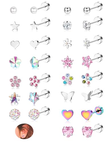 Kakonia 16 Pairs Hypoallergenic Screw Back Earrings for Girls Women Surgical Steel Cute CZ Heart Flower Star Butterfly Screwback Stud Earrings Set 20G