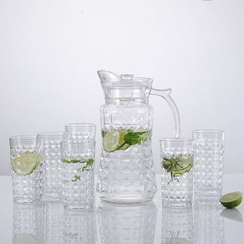 Image of bellemax Italian Premium Water and Juice Glasses Set of 6 and Jug Set Combo,(6 Pieces Glasses 350ML and 1 Water Juice Jug 1.6 Liter), Transparent, Glass and Jug Set (Royal)