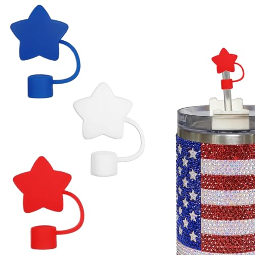 3Pcs 4th of July Patriotic Straw Cap Cover for Stanley Cup, 10mm Red Blue White Star Straw Topper Compatible with 30 and 40 Oz Tumbler for Independence Day Memorial Day