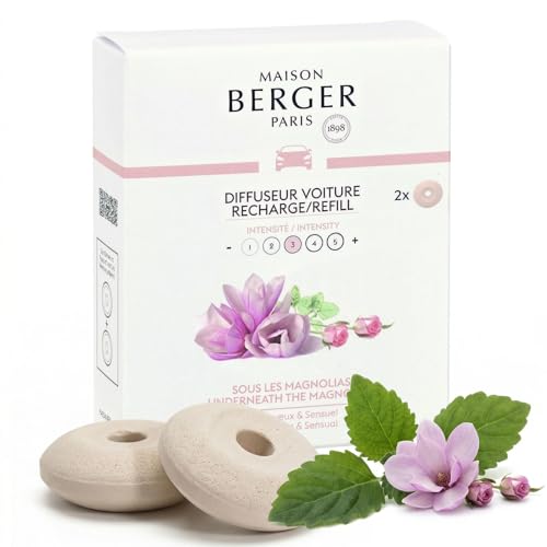Image of MAISON BERGER Car Diffuser Refill Set, Underneath the Magnolias | Rose Jasmine Amber Notes, 2 Ceramic Inserts, Fits MAISON BERGER Vent Clips, 4-Week Diffusion, Made in France