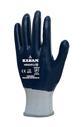 Image of Karam HS92 Nitrile Fully Coated 15 Gauge Safety Gloves | Full Hand Protection from Liquid & Oil | Abrasion Resistant Work Gloves | Size-L | Pack of 4