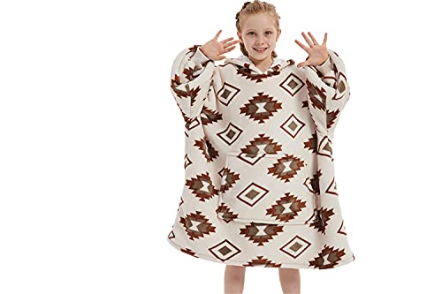 Sedefen Couverture à Capuch Enfant,Flanelle Douillette Duveteuse Sherpa TV en Peluche,Pyjama Polaire,Couverture avec Manches et Poches,Surdimensionnée Plaid Hiver Chaud Sweat Plaid,Kaki,Rhombe