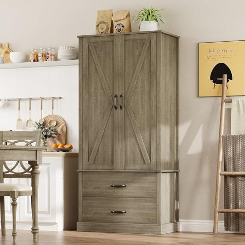 GarveeHome Kitchen Pantry Cabinet, Farmhouse Storage Cabinet with Barn Doors, Drawers and Adjustable Shelves, Versatile Storage for Kitchen, Dining Ro