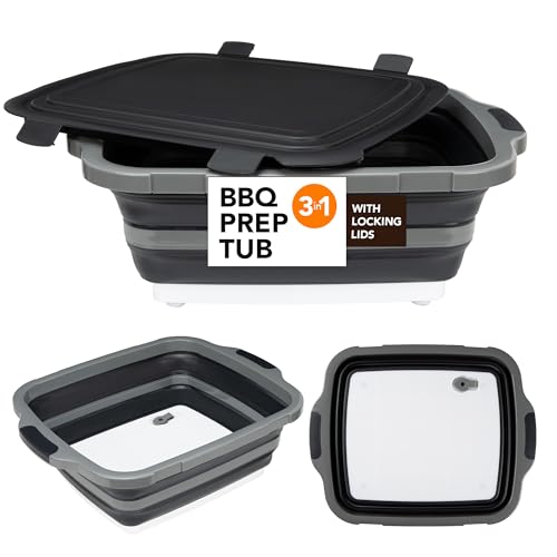 Large Collapsible BBQ Prep Tub with Locking Lid, Basket for Meal Prep Marinating Food Storage, Plastic Cutting Board(4.22 Gal/16L), Camping Sink with Colander, Dish Basin