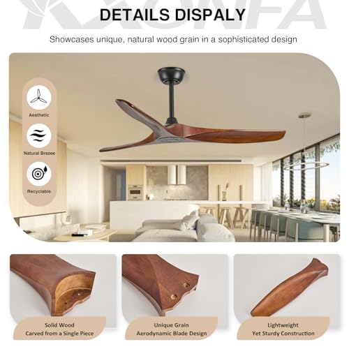52 Inch Ceiling Fan No Light, 3-Blade Walnut Wood Ceiling Fan with Remote - image 6