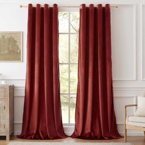 Stayuhomie Cortinas de terciopelo de lujo supersuaves, 2 paneles, con bloqueo de luz, aislamiento térmico, cortinas opacas con ojales para dormitorio o puerta corrediza de cristal, color rojo óxido