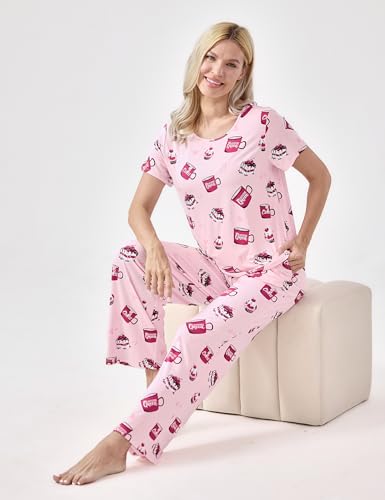Image of GYS Bamboo-derived Viscose Women's Pajamas Set Short Sleeve Top With Pants 2-Piece Sleep Set