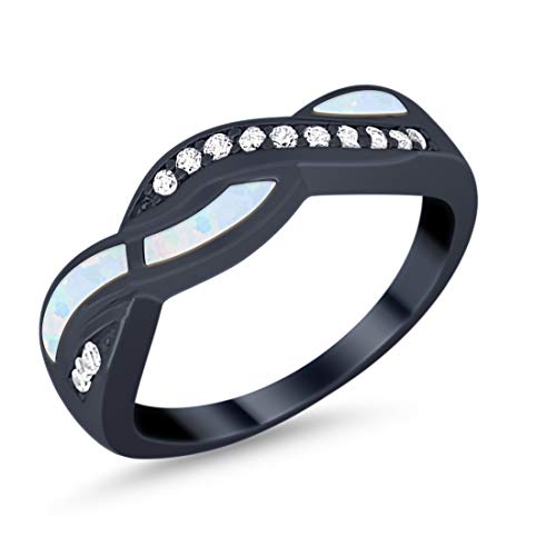 Black Tone, Lab White Opal Size-11 Half Eternity Weave Knot Ring Crisscross Crossover Round CZ 925 Sterling Silver