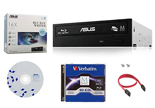 Asus 16X BW-16D1HT Internal Blu-ray Burner Bundle with 50GB Verbatim M-Disc BD-R DL, BD Suite Disc and Cable Accessories