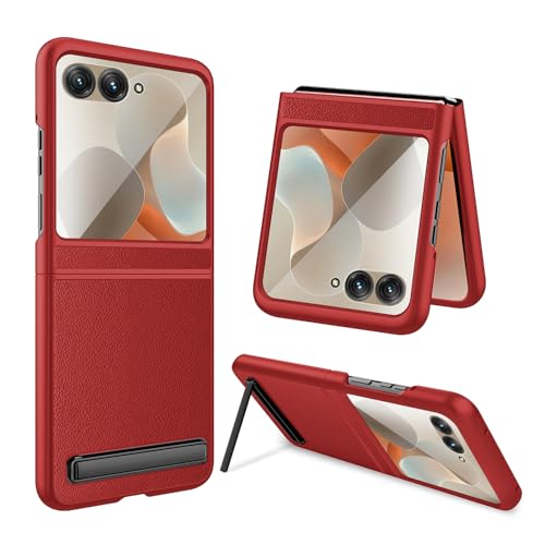 FiiMoo Funda para Motorola RAZR 60, Carcasa con Protector de Pantalla, Funda con Soporte, Protección Completa, Antiarañazos - Rojo