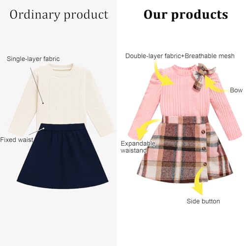 image for TITKKOP Toddler Girl Plaid Outfits Fall Winter Dress Knit Ribbed Bow S