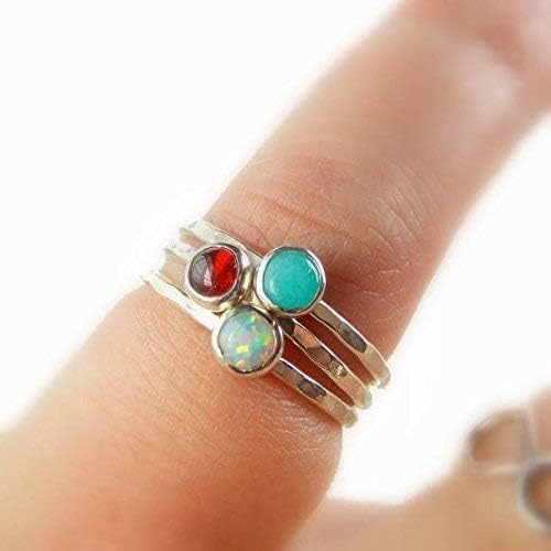 Amazonite Hammered Band Stacking Ring – 925 Sterling Silver Stacking Ring with 4mm Blue Green Cabochon Stone – Stackable Ring With Hammer Texture