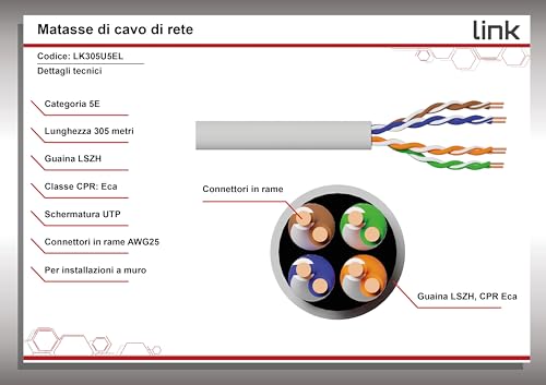 Link LK305U5EL- Cavo Solido Utp Per Reti Categoria 5E Lszh In Rame Matassa Mt. 305 Classe Cpr Eca Bianco - 9