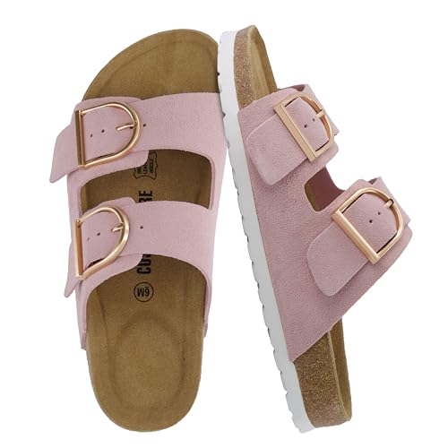 CUSHIONAIRE Legacy Cork Footbed Sandals for Women – Leather Double Strap Slides with Adjustable Buckles + Memory Foam