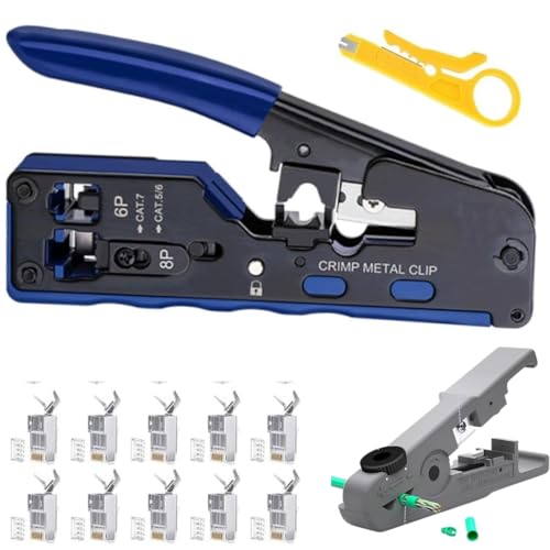 Image of COOLCOLD Crimping Tool RJ45 + Universal Stripper, Pass Through Cat5 /Cat7 Multifunctional Crimp Tool Alloy Carbon Steel 6P 8P RJ11 RJ12 RJ45 STP /UTP Ethernet, 10Pcs Cat7 Connector (Multi-Color)