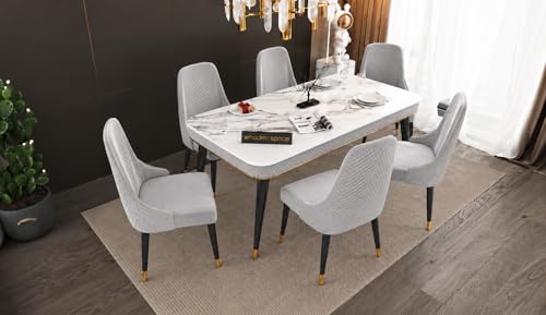 Image of WOODEN SPACE 6-Seater Wooden Dining Table Set | Nano Composite Marble Top | Solid Wood Base | Modern Dining Room Furniture with 6 Chairs (Light Grey Modern Vento)