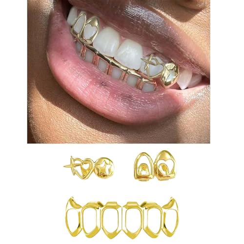 3PC Gold Grillz Set Open Face Hip Hop Teeth Jewelry Gold Plated Dental Caps for Top Bottom Removable Grills for Men Women (Silver)2