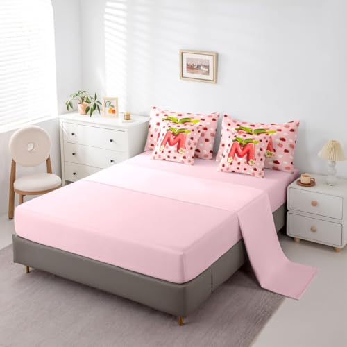 Image of Feelyou Girls Strawberry Comforter Set with Sheets 7 Piece King Size Pink Strawberry Bedding Set for Kids Boys Girls Initial Letter M Bed in a Bag Room Decor Soft Lightweight Microfiber