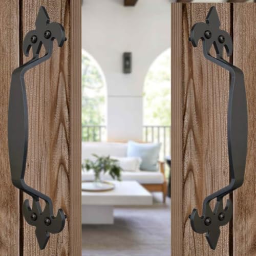 Image of 2-Pack 11 Inch Fleur Barn Door Handle - Black Cast Iron Pull for Sliding Doors, Gates, Sheds, Fences, Closets - Indoor Outdoor Farmhouse Hardware