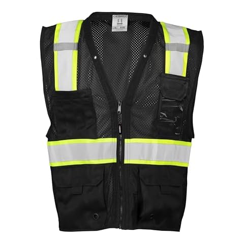 Kishigo Black Enhanced Visibility Unisex Vest B100, Multi Pocket Mesh Hi-Vis Vest, Ultra-Cool Polyester Material, 6 Pockets, Zipper Front Closure, Construction Work Safety Vest (Black EV, LG-XL) Cover