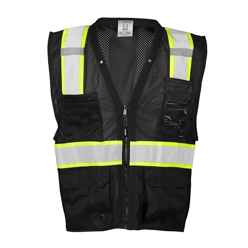 Kishigo Black Enhanced Visibility Men's Vest B100, Multi Pocket Mesh Hi-Vis Vest, Ultra-Cool Polyester, 6 Pockets, Zipper
