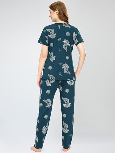 Image of ZEYO Night Suit for Women's Floral & Cheetah Printed Cotton Night Dress of Top and Pajama Set 5779