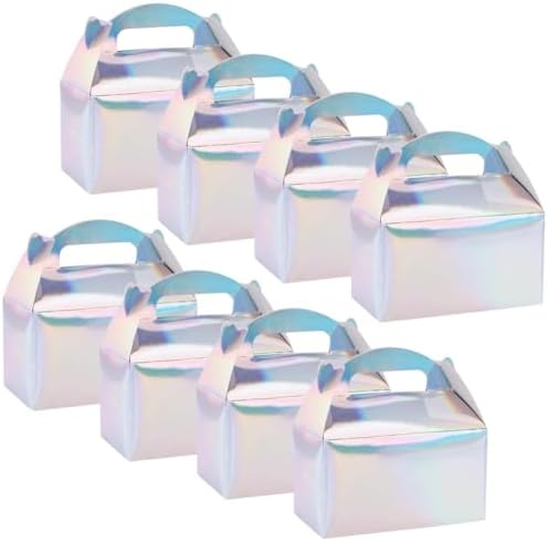 16 Pcs Iridescent Gable Boxes Holographic Silver Party Favour Boxes Rainbow Candy Boxes Paper Gift Boxes with Handles Mermaid Treat Boxes Kids Birthday Cake Boxes Goody Bag Boxes for Wedding image 2