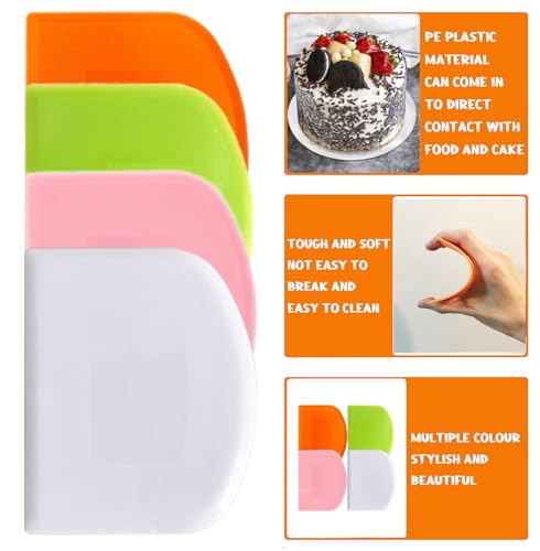 CEWIFO Dough Scraper Bench Scraper for Baking, 4 PCs BPA Free PE Plastic Flexible Bowl Scraper, Food-safe Plastic Dough Cutter for Bread Cake Dough Fondant Icing (White, Green, Orange, Pink)