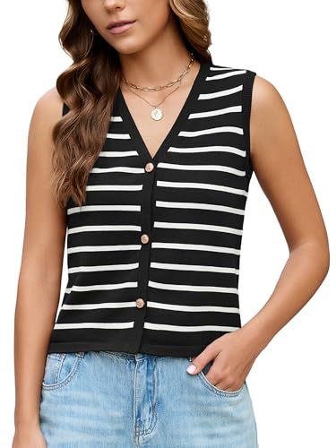 KORSIS Sweater Vest Tops for Women Black White Striped XX-Large Button up Summer Fall Outfits Fashion Casual Shirts Coat Knit Cardigan jacket Work Clothes