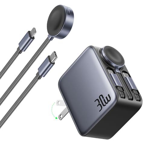 HERRBOL 30W Retractable Charger 3 in 1, Wall Charger Fast Charging with Triple Retractable Charging Cables, Portable Multi Charger for iPhone 17 Pro Max, for Apple iWatch, Air Pods, Samsung, iPad