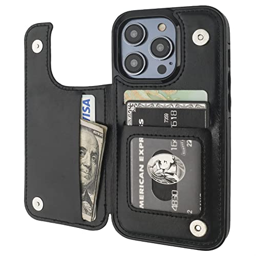 ONETOP Compatible with iPhone 14 Pro Wallet Case with Card Holder PU Leather Kickstand Card Slots Case Double Magnetic Clasp and Durable Shockproof Cover 6.1 Inch (Black)