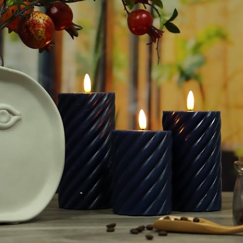 Image of QIDEA Navy Blue Wax Candles Flameless Wax Pillar Candles with Remote Timer | Battery Operated LED Flickering decorative Wax Candles for Home Wedding Party Centerpiece Xmas Decor 3 PCS 3 inchX 4 inch, 5 inch, 6 inch