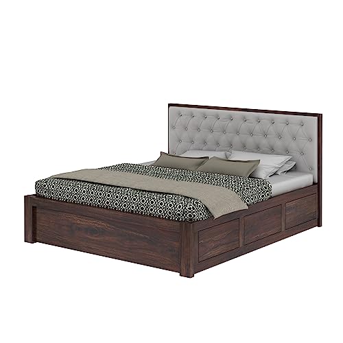 Image of Ganpati Arts Solid Sheesham Wood Decan King Size Bed with Hydraulic Storage and Upholstery Headboard (Walnut Finish)