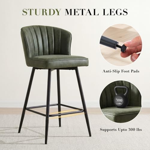 Image of EALSON 26 Inch Leather Bar Stools Set of 2 Modern Counter Height Barstools with Backs and Metal Legs Upholstered Breakfast Bar Chairs for Kitchen Island,Cafe, Restaurant, Green