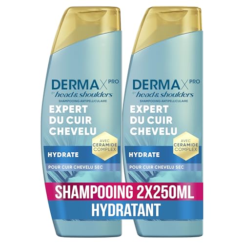 Head & ShoulderDermaXPro Hydrate Shampoing Antipelliculaire 2x250ml À l'Huile de Noix de Coco et Complexe de Céramides, Pour Cuir Chevelu Sec, 72H d’Hydratation
