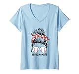 Womens Messy Bun Bonus Mom Life Baseball Bonus Mom Mother's Day V-Neck T-Shirt