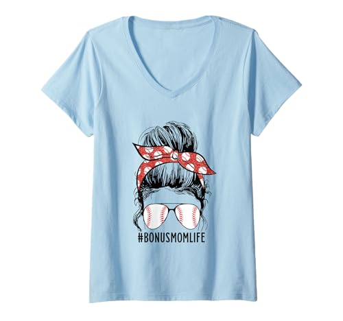 Womens Messy Bun Bonus Mom Life Baseball Bonus Mom Mother's Day V-Neck T-Shirt