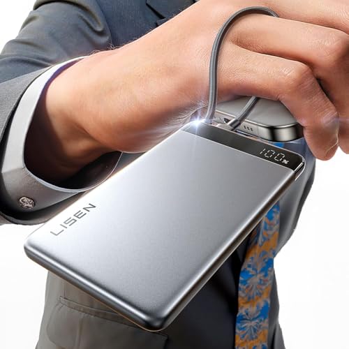 LISEN Slim Powerbank, Powerbank CCC, Powerbank mit Kabel Integriert, USB C Powerbank 10000mAh, 22,5W USB-C Kompatibel mit iPhone 17/16 Serie, Xiaomi 17 Pro Max, Samsung Serie Reise Flugzeug Gadgets
