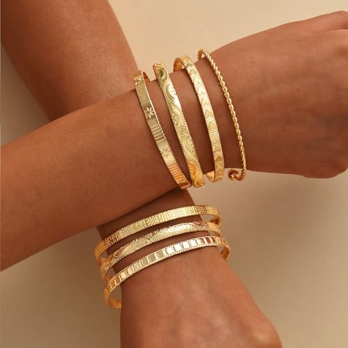 Image of IF ME Gold Bangle Bracelets for Women, Indian Bangles Stackable Set, Multi Layer Textured 18K Gold Plated Chunky Bracelets Boho Jewelrys Set