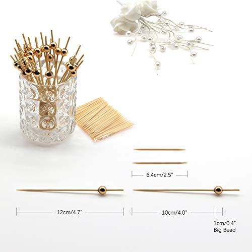 Minisland Gold Pearl Cocktail Picks, 4.7 Inch Long Bamboo Fancy Toothpicks for Appetizers, Decorative Christmas New Year Holiday Party Food Drink Garnish Fruit Kabob Skewer Sticks 100 Counts - MSL150 - Thumbnail 2
